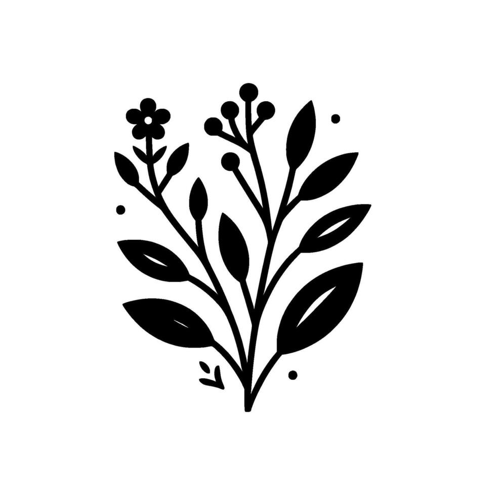 Monochromatic botanical illustration of stylized flora, showcasing a flower, leaves, and berries in a minimalist on a white background. vector