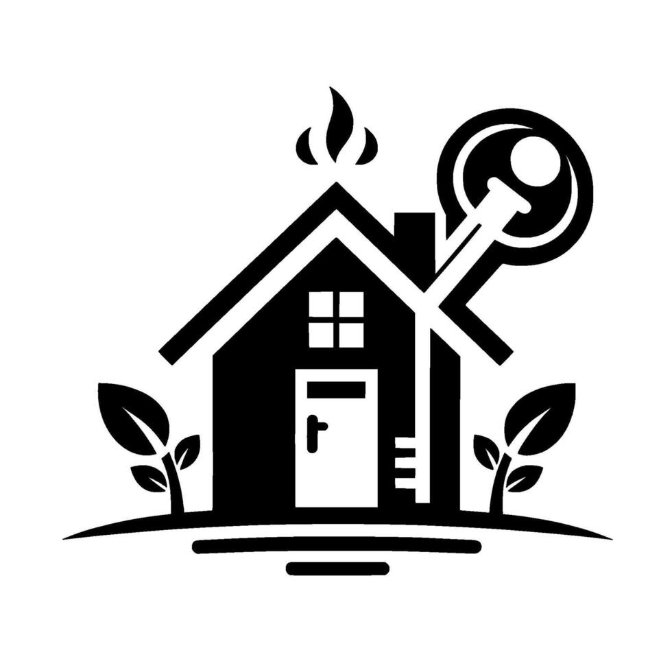 A stylized black and white real estate logo a house with key, leaves, and a flame, representing homeownership, and security. vector