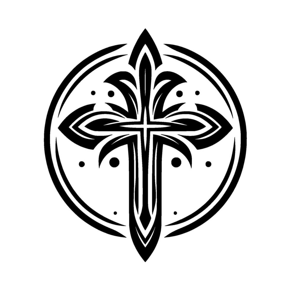 Intricate Black and White Circular Emblem Featuring a Stylized Cross with Floral and Geometric Elements. vector