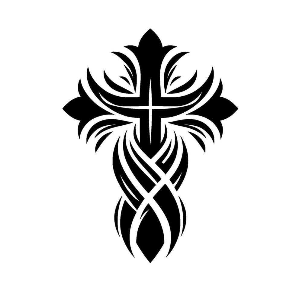 Intricate, symmetrical black tattoo of a cross with elaborate floral and interwoven details, set against a clean white background. vector