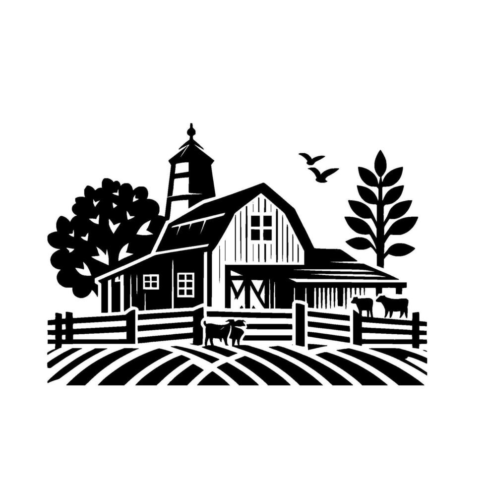 Black White Farmhouse Silhouetted with Barn, Fence, Livestock, Trees, Birds, and Grassy Field Rustic vector