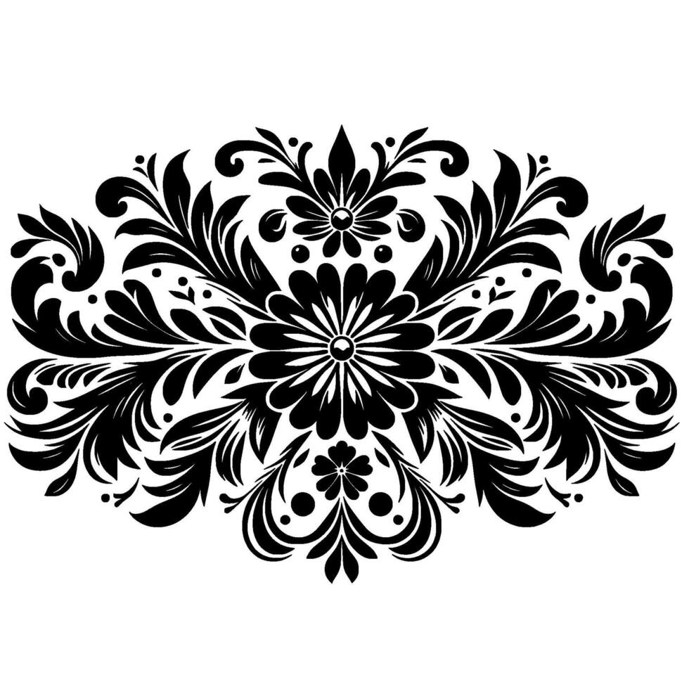 Black and White Symmetrical Floral Pattern with Flourishes, Leaves and Detailed Symmetry, Isolated on White Background, for Elements. vector