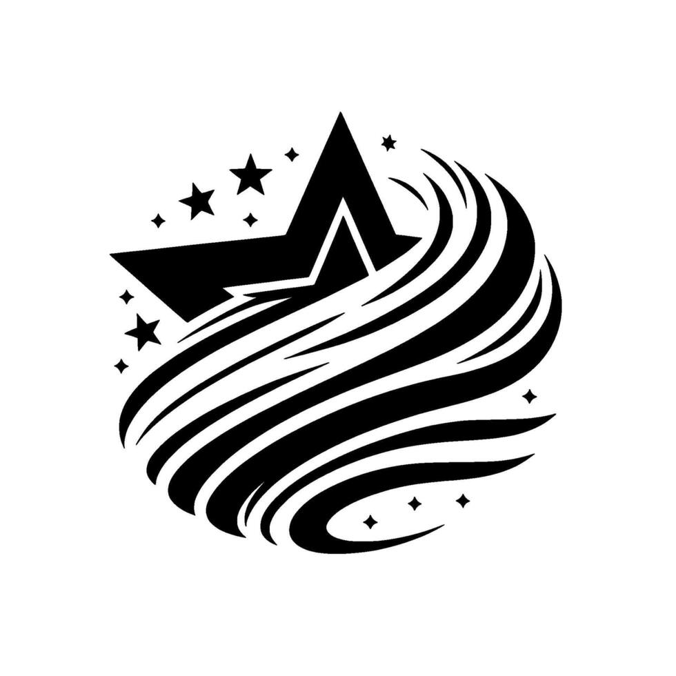 Black White Minimalist Logo A StarShaped Emblem with Swirls and Starry Accents, Evoking Cosmic Movement and Energy. vector