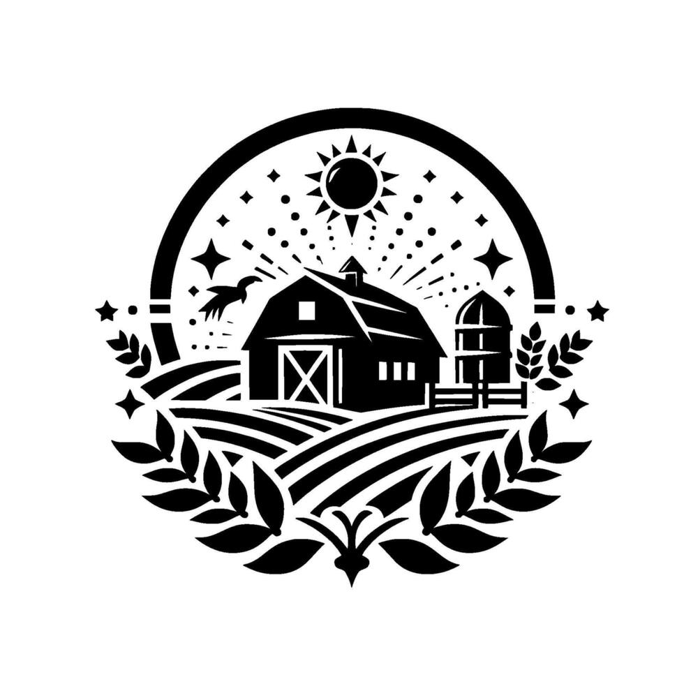 Stylized Farmhouse Scene in a Circular Crest Barn, Silo, Sun, Fields, Wheat, Bird, Stars, Black White Emblem. vector