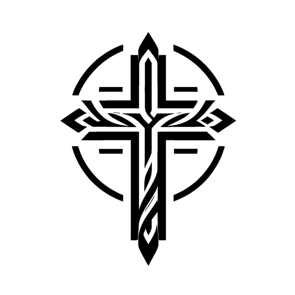 Minimalist, intricately detailed, and stylized black and white Christian Cross emblem within a circle. vector