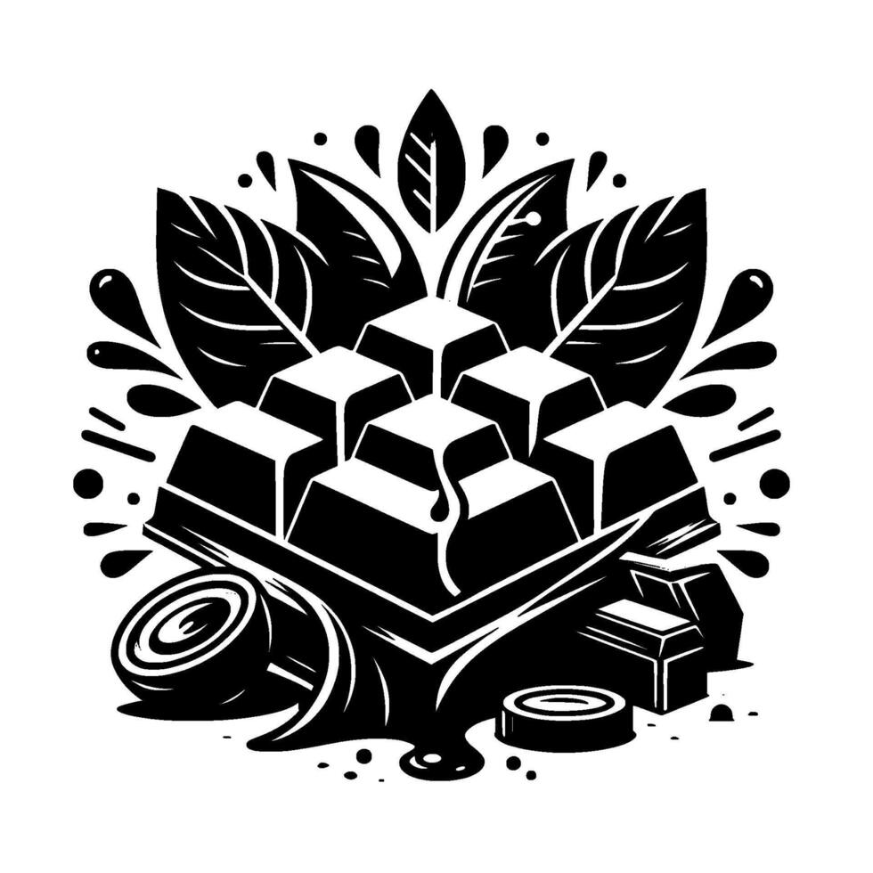 Abstract black and white illustration of chocolate bars with leafy accents and a flow of melting chocolate, set against a blank background. vector