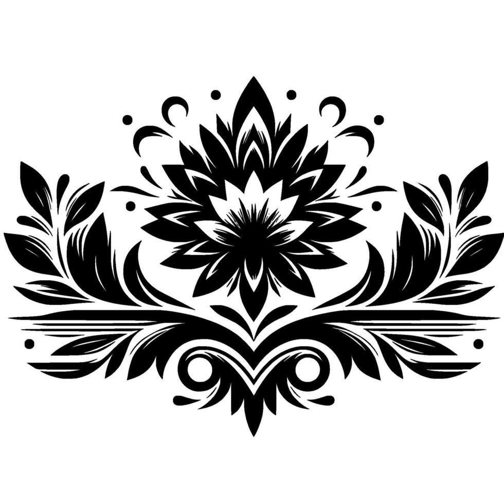 Black and white symmetrical floral with layered petals, decorative leaves, and ornamental accents on a white backdrop. vector