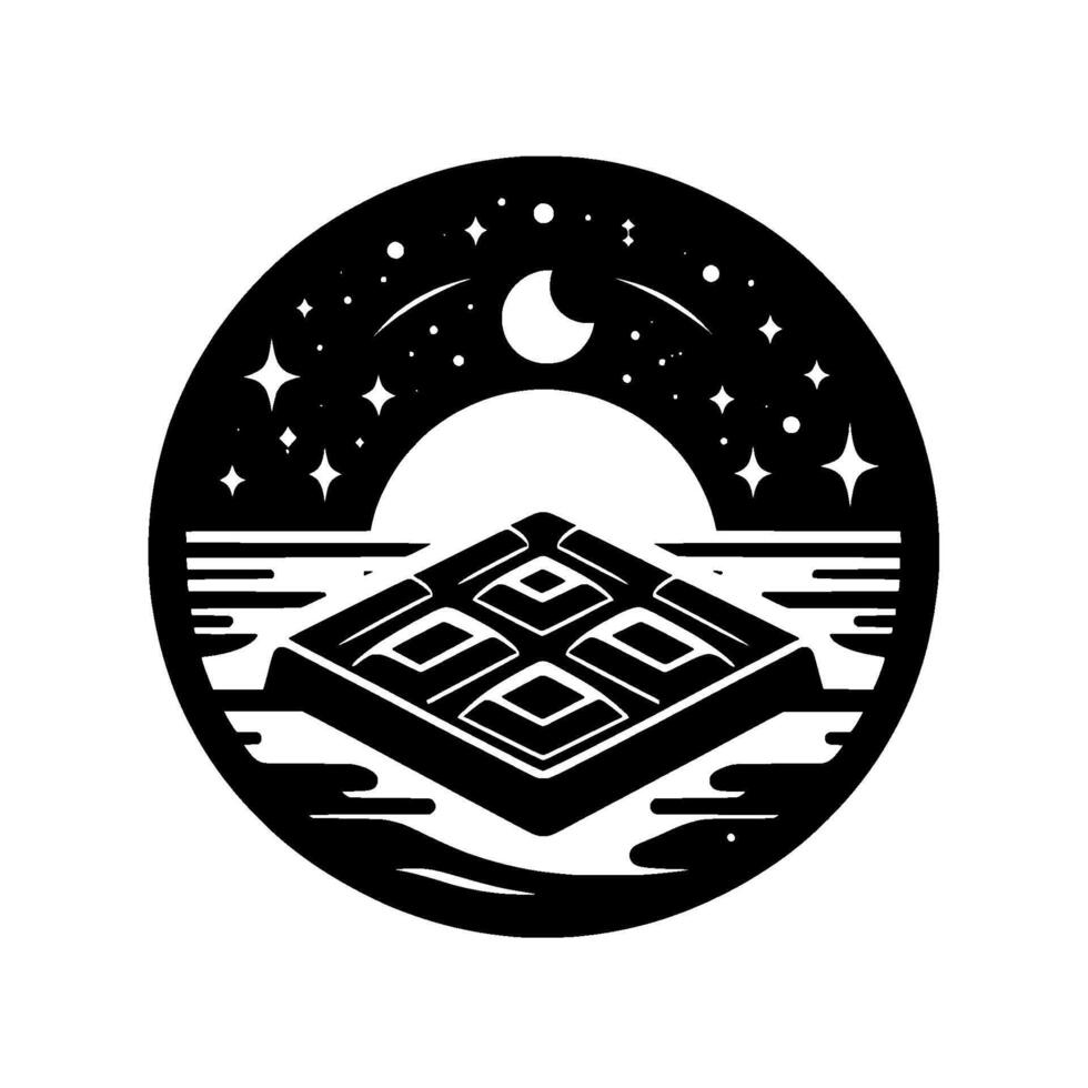Black and white minimalist circular landscape depicts a geometric island under a starry night sky, crescent moon, and flowing water. vector