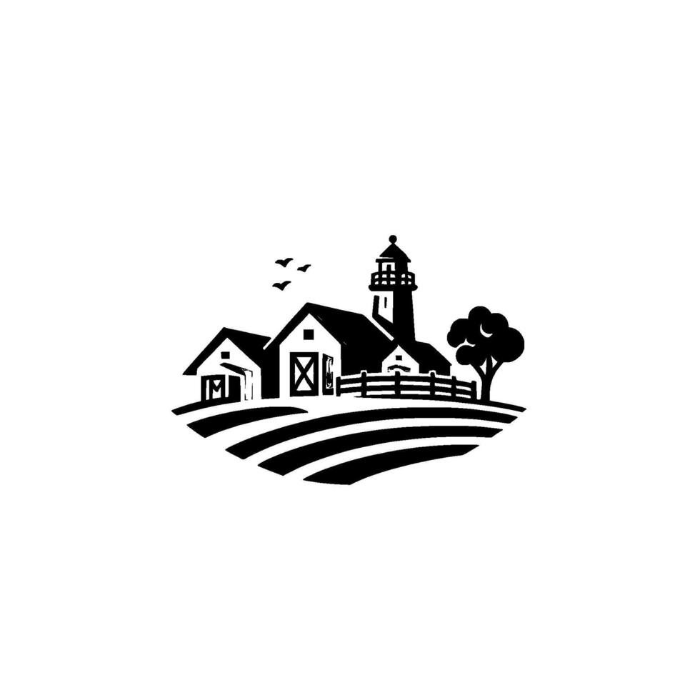 illustration of a rural coastal scene depicting a lighthouse, farmhouse, and tree in a minimalist black and white style. vector