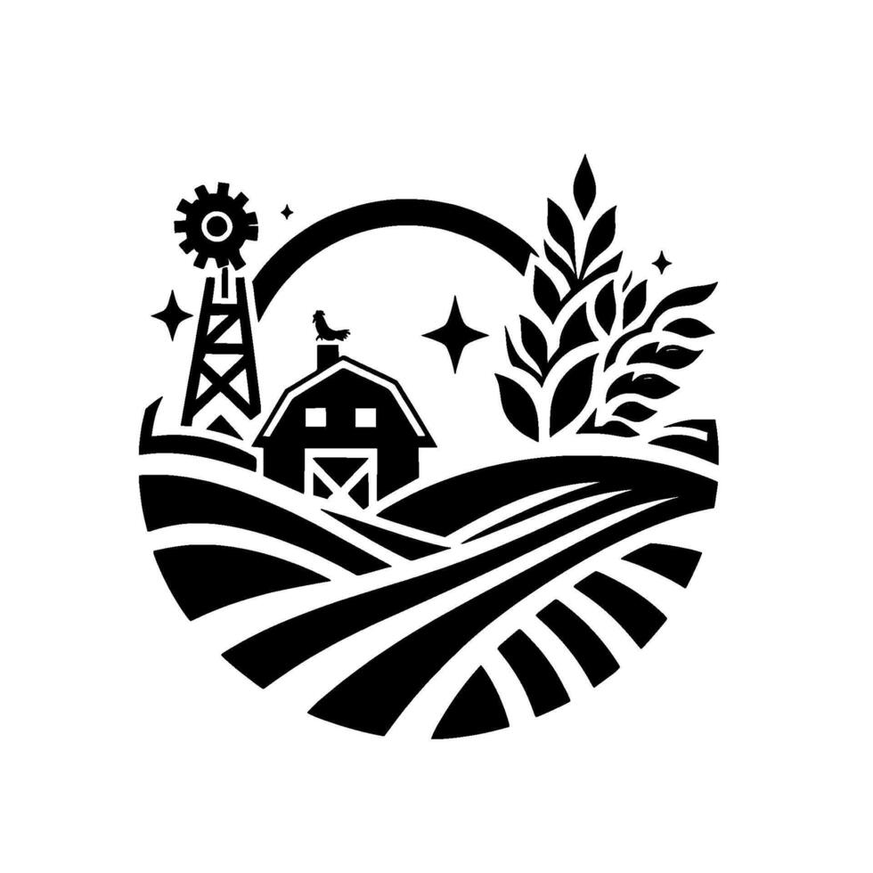 Black White Circular Farm Silhouette with Barn, Windmill, Wheat, Fields Stars. Rural countryside design. vector
