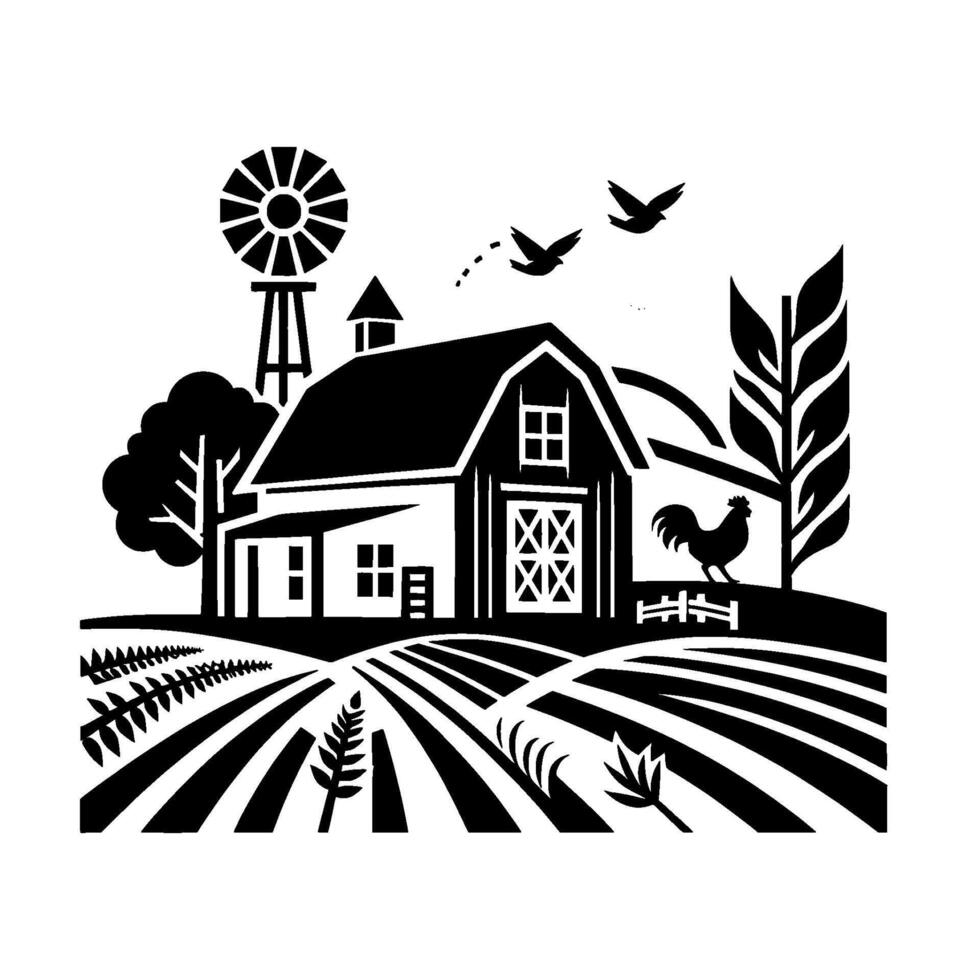 illustration of a rustic farm scene with a barn, windmill, rooster, fields, and flying birds in black and white. vector