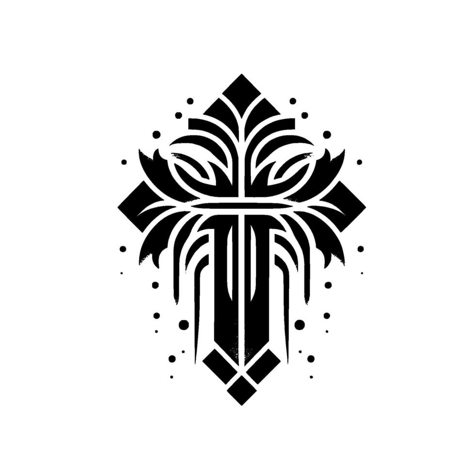 Ornate Black and White Cross with Geometric and Floral Elements and Decorative Speckles. vector