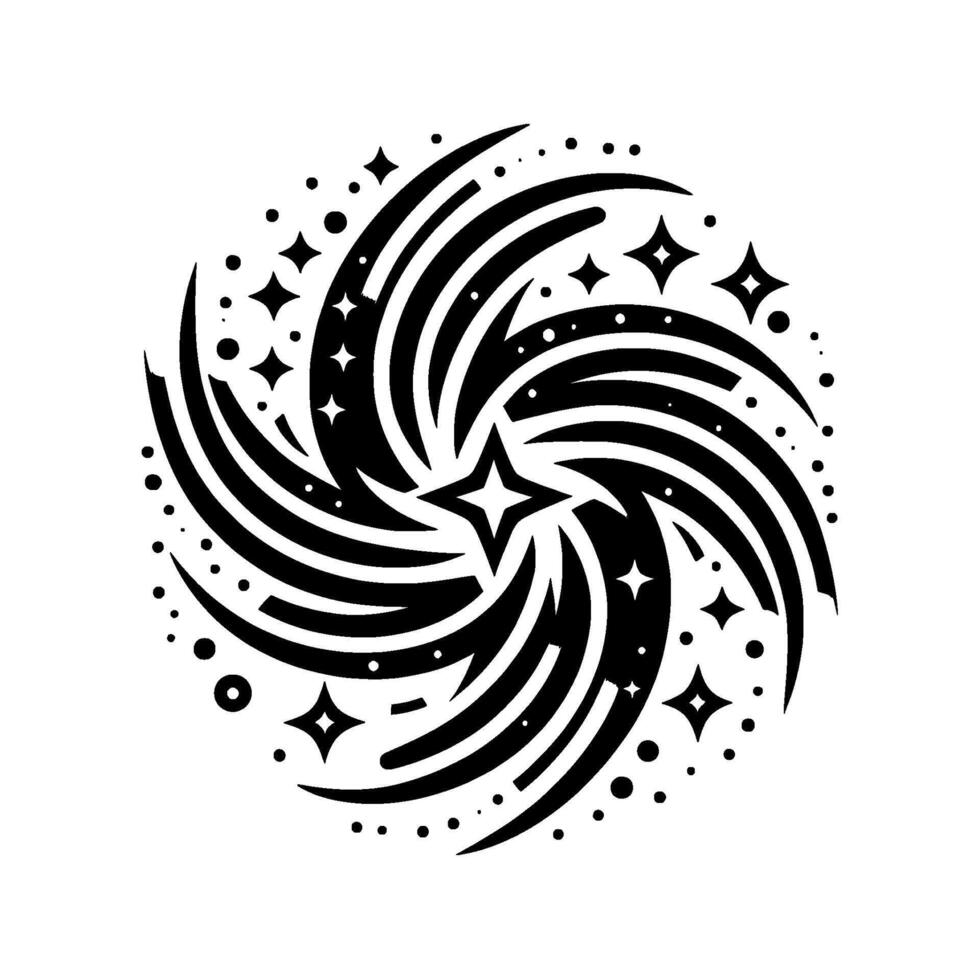 Circular Abstract Black and White Illustration of a Galactic Starburst with a Central Star and Surrounding Stars, Dots and Curved Streaks. vector