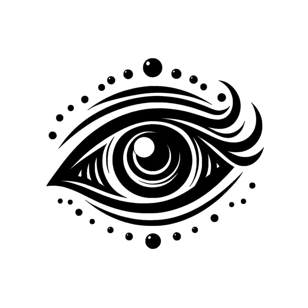 Bold Black and White Eye Symbol with Intricate Details and Ornamental Dots. Symbolic illustration of vision and perception on white. vector