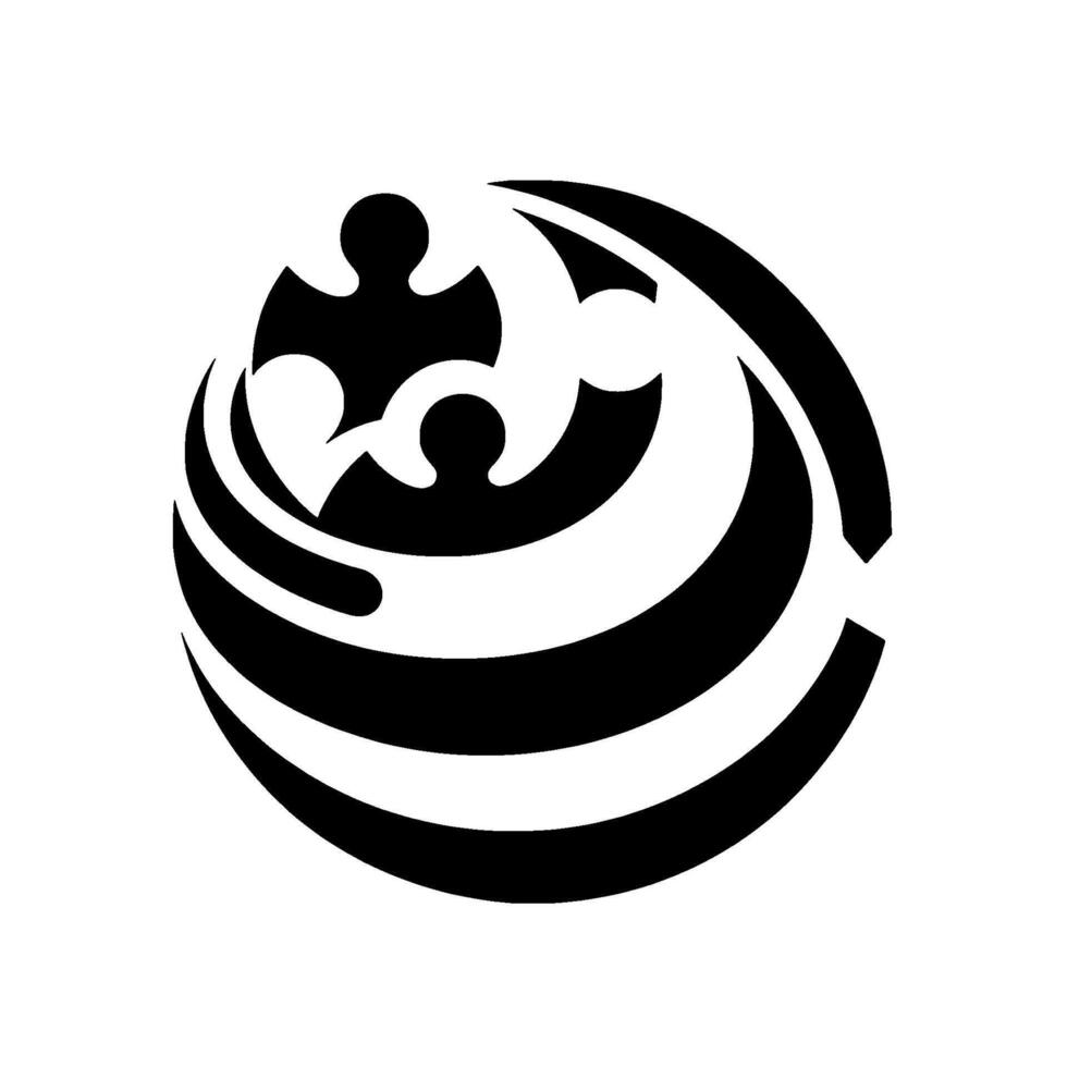 Abstract black and white featuring a central puzzle piece motif enclosed within layered, curved shapes, evoking interconnectedness and unity. vector