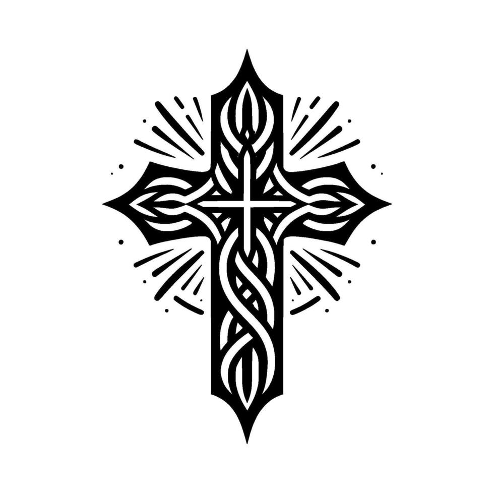 Intricate Black and White Celtic Cross Design, Featuring Flowing Lines, Rays, and a White Background, Symbolizing Faith and Spirituality. vector