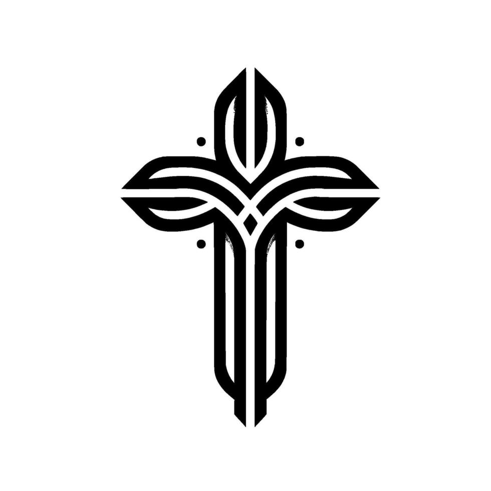 Minimalist Black and White Cross with Stylized Floral Elements and Geometric Lines on a Blank Canvas. vector