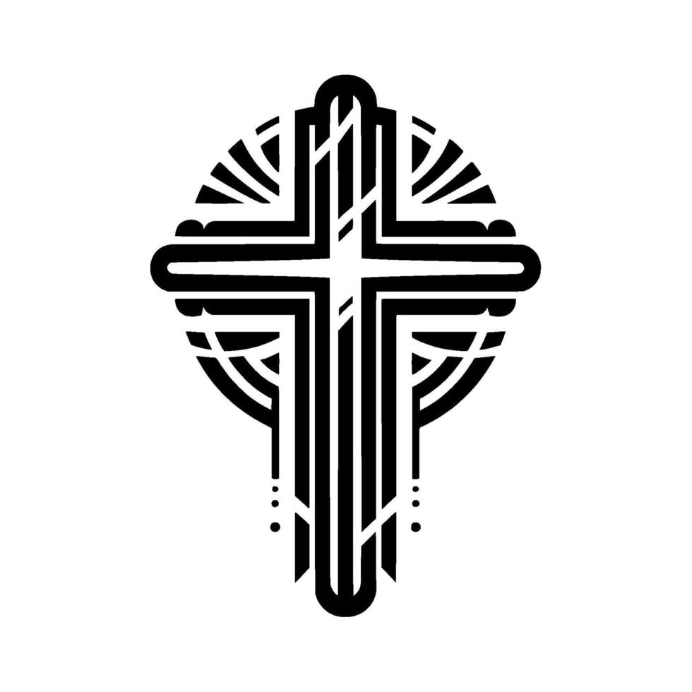 Geometric Black and White Art Deco Cross with Radiating Circle on a White Background. vector