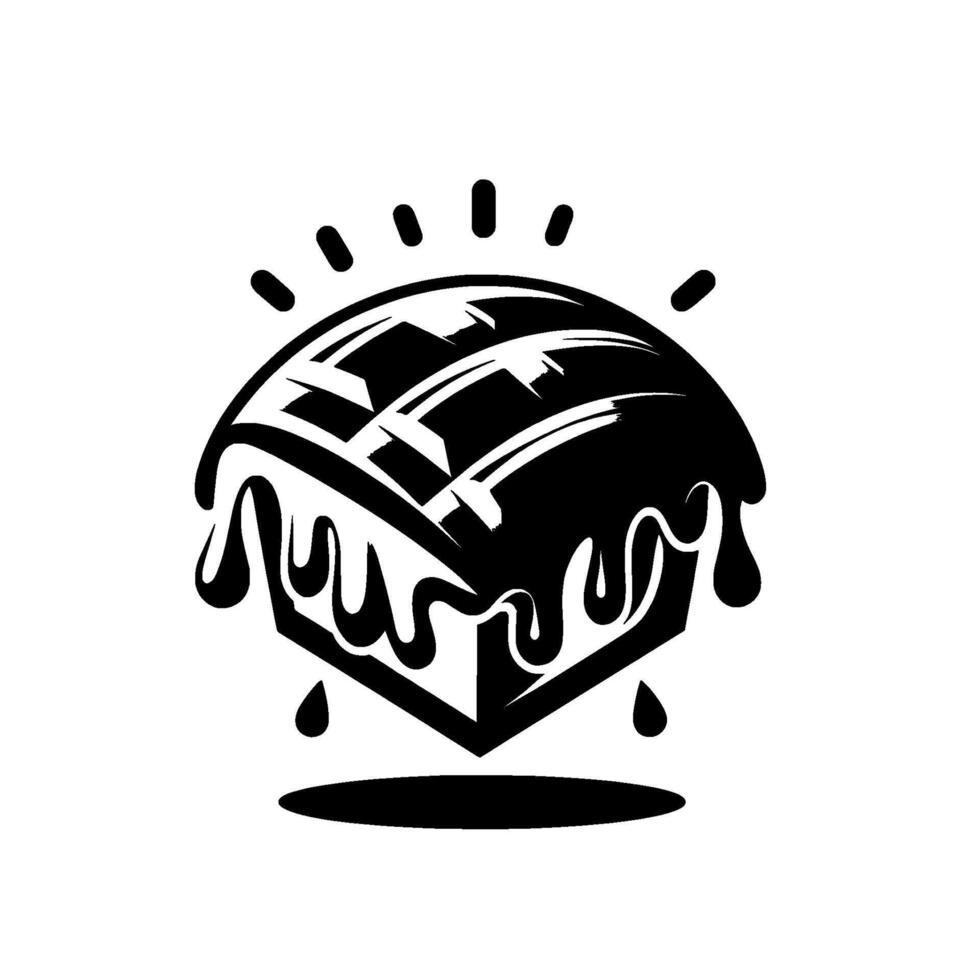 Black and white, stylized illustration of a melting dessert with drippy chocolate, highlights and abstract on white background. vector