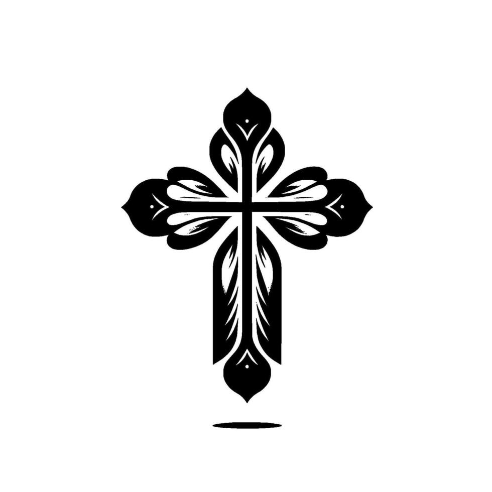 Ornate Black Cross with Floral Accents on White, Symbolic of Faith, Grace, and Spirituality, in a minimalist style. vector