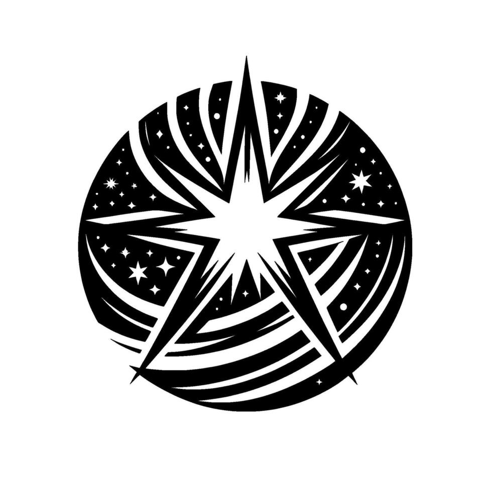 Black and White Stellar Compass Geometric Starburst, Celestial Pattern within a Circular Frame, Illuminated Stars. vector