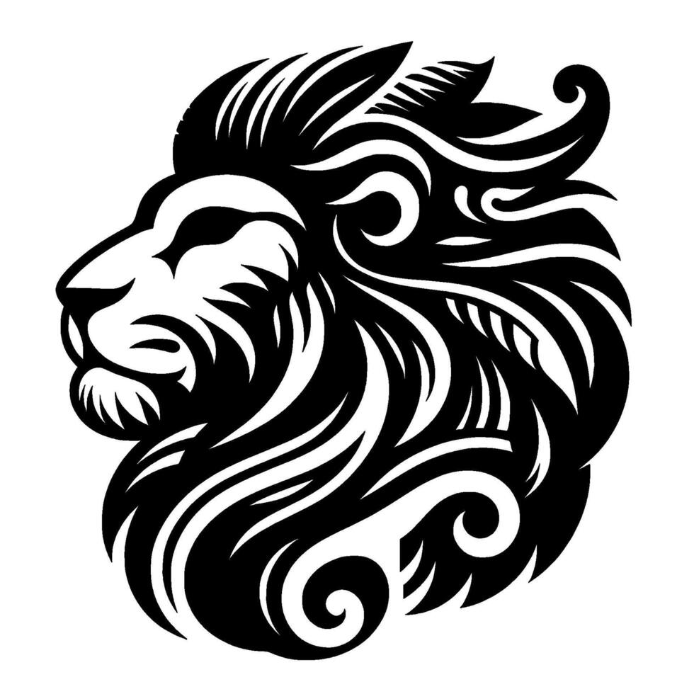 Stylized Black and White Lion Head Intricate TribalInspired with Curly Mane, Facing Left Against a White Background. vector
