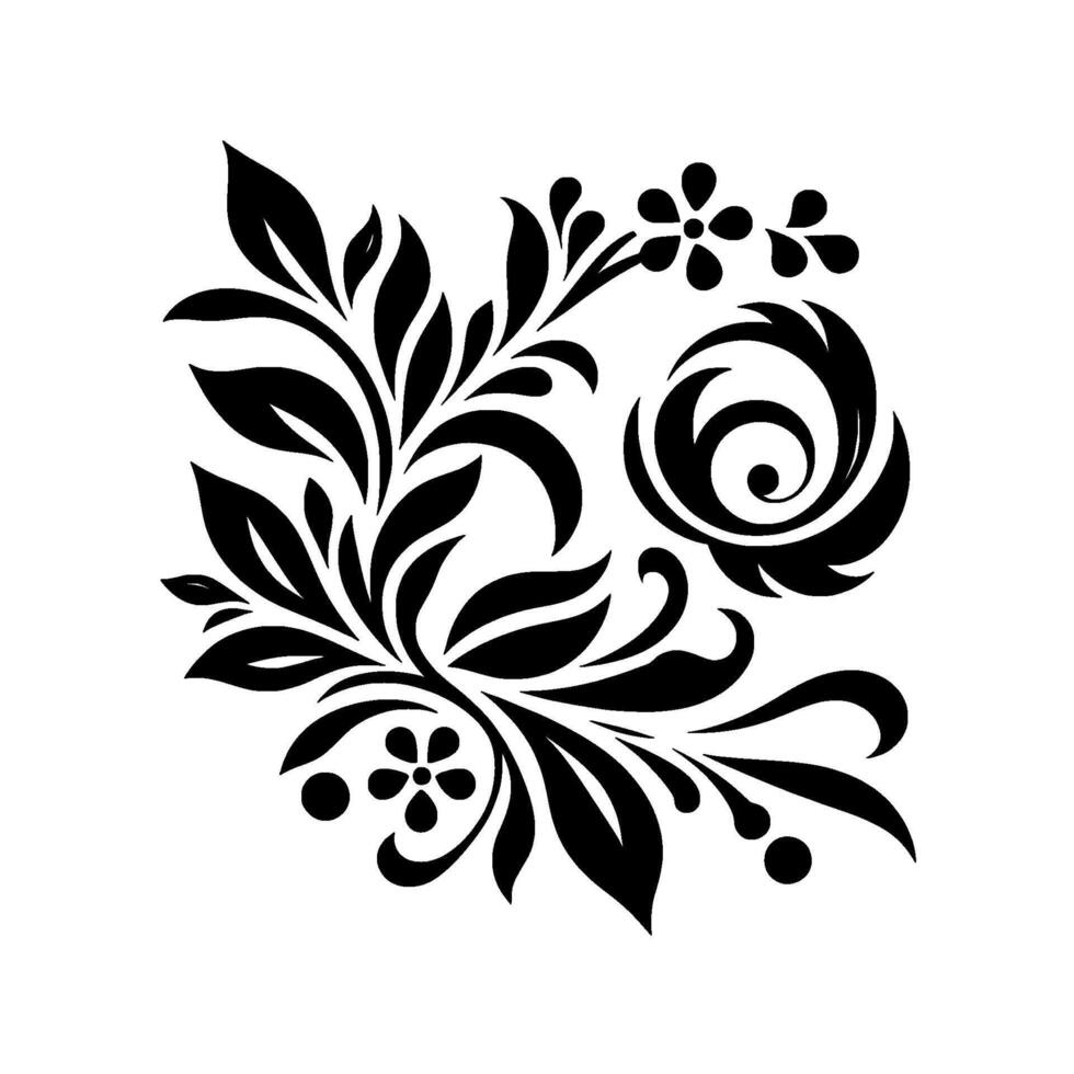Intricate Black and White Floral featuring Swirls, Leaves, and Blossoms, a Symmetrical Decorative Pattern. vector