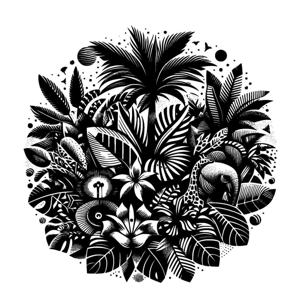 Detailed Black and White Circular Illustration Lush Tropical Scene with Giraffe, Elephant, Palm Trees, and Exotic Flora. vector