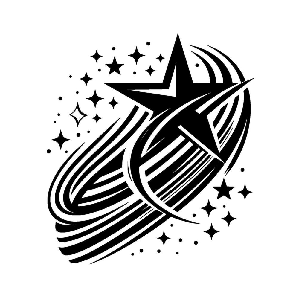 Black and White Illustration of a Starburst with Orbiting Swirls and Scattered Stars on a White Background. vector