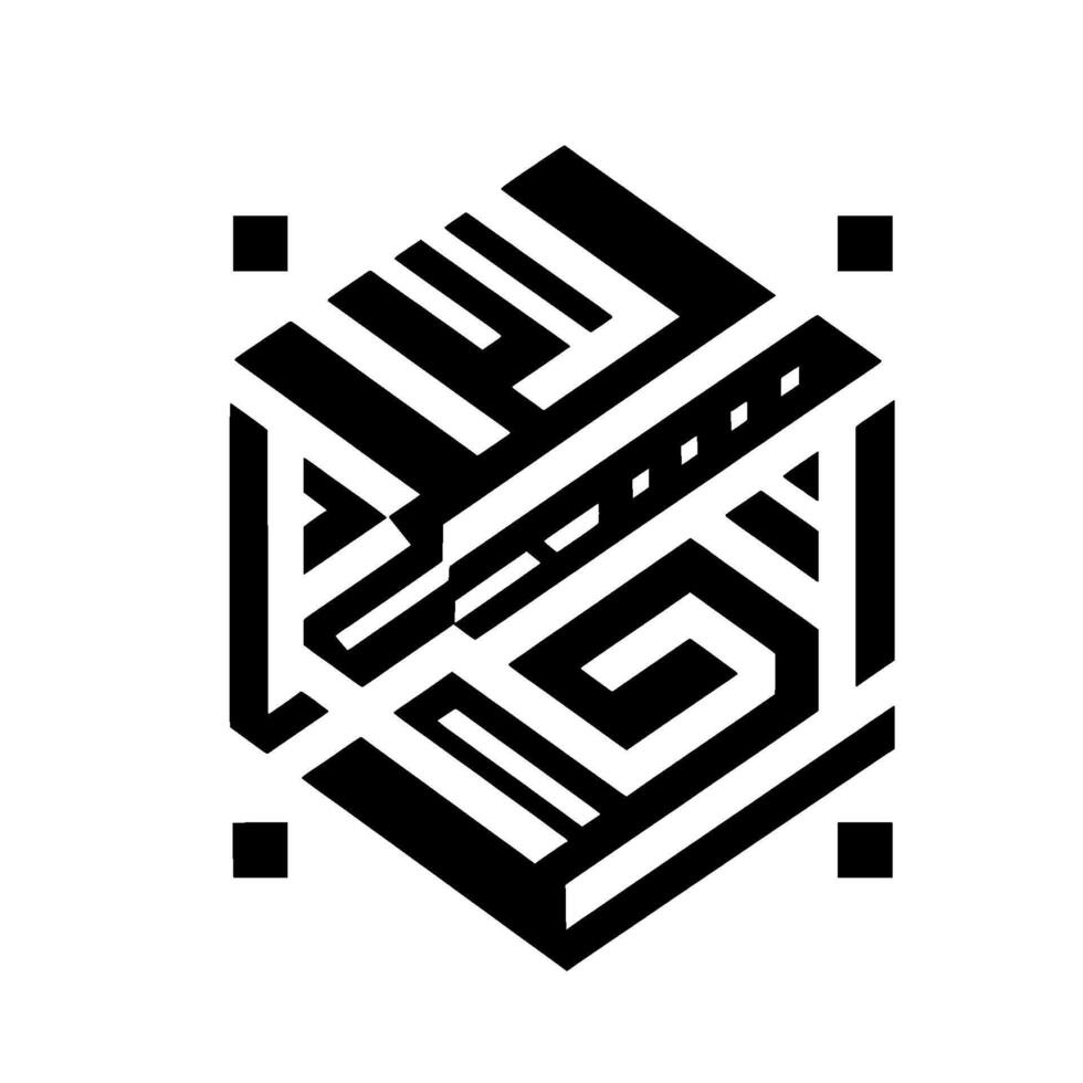 Abstract Black and White Geometric Hexagon with MazeLike Lines and Minimalist Square Accents on a White Background. vector