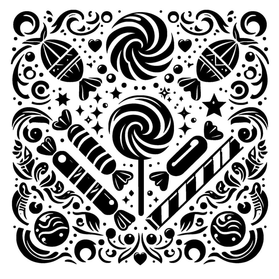 Ornate Black and White Composition CandyThemed Square Pattern with Swirls, Hearts, Stars, and Decorative Elements vector