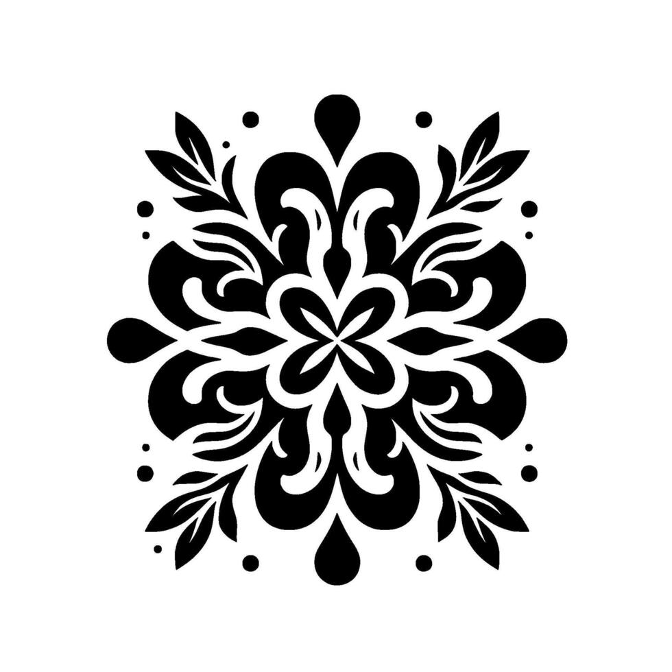 Symmetrical Black White Floral Mandala with Leaf Motifs, Dots, and Swirls, Isolated on White vector