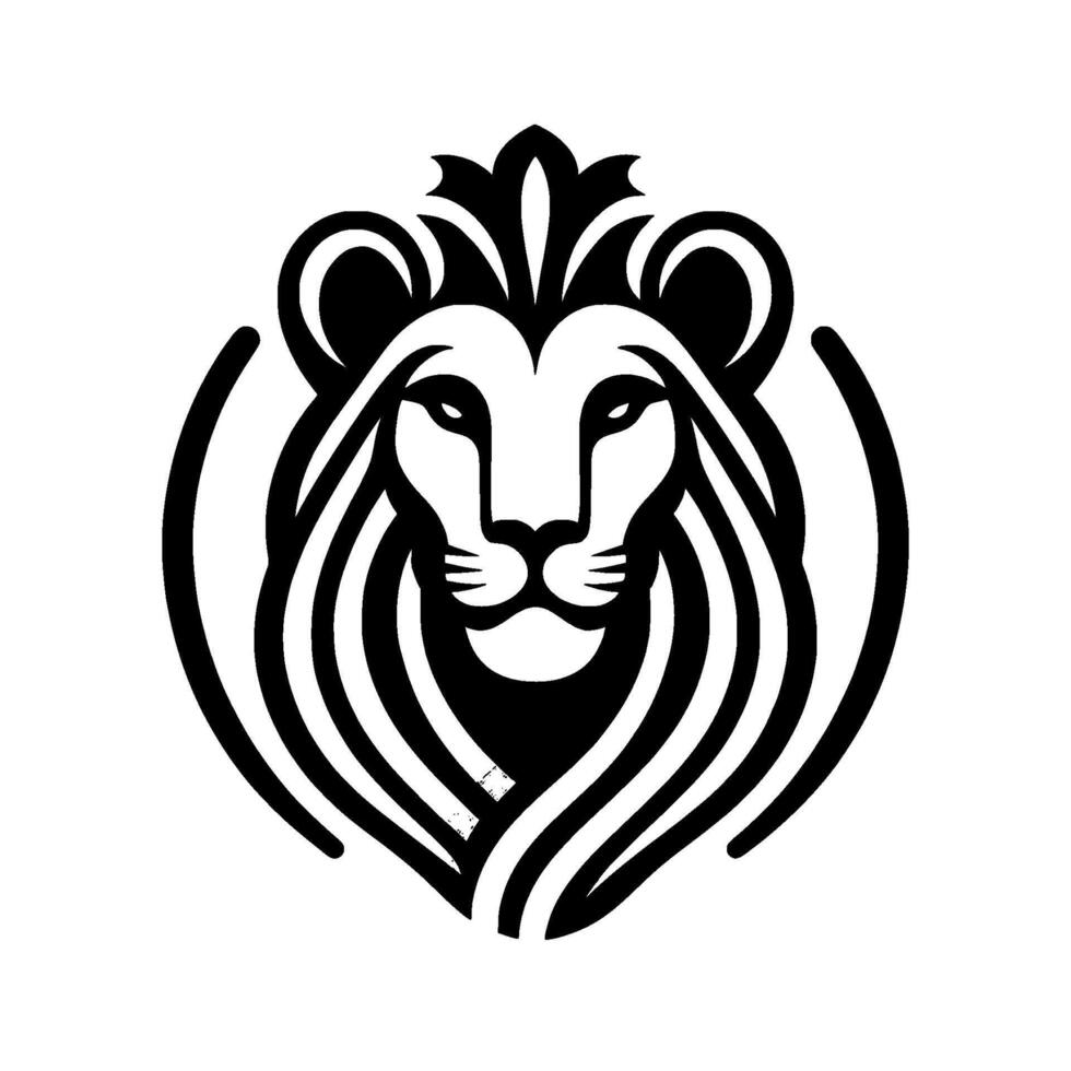 Regal Lion Head in Black and White, Shielded by Arcs, Embodying Strength and Authority, a Minimalist Design. vector