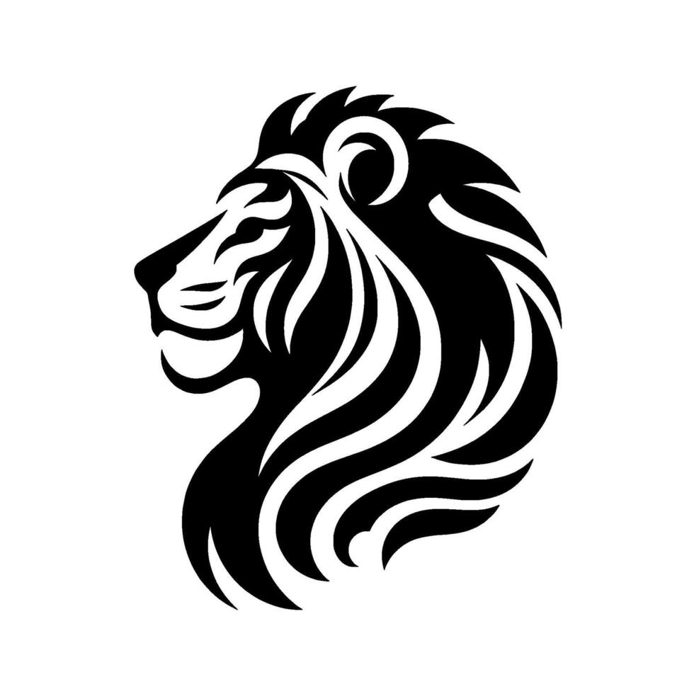 Striking black and white minimalist illustration of a regal lions head in profile, showcasing flowing mane and focused gaze against a clean, white background. vector