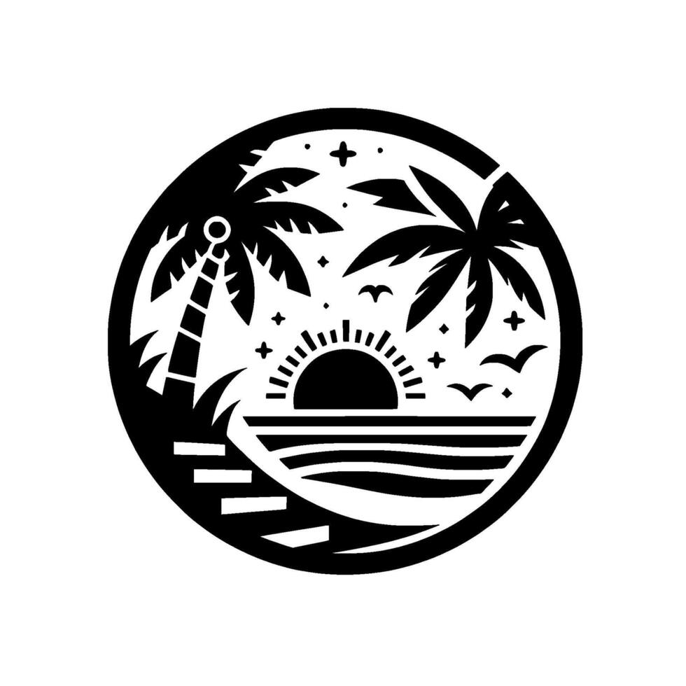 Circular Black White Silhouette Tropical Sunset Scene with Palm Trees, Lighthouse, Birds, and Steps, Inside Circle. vector