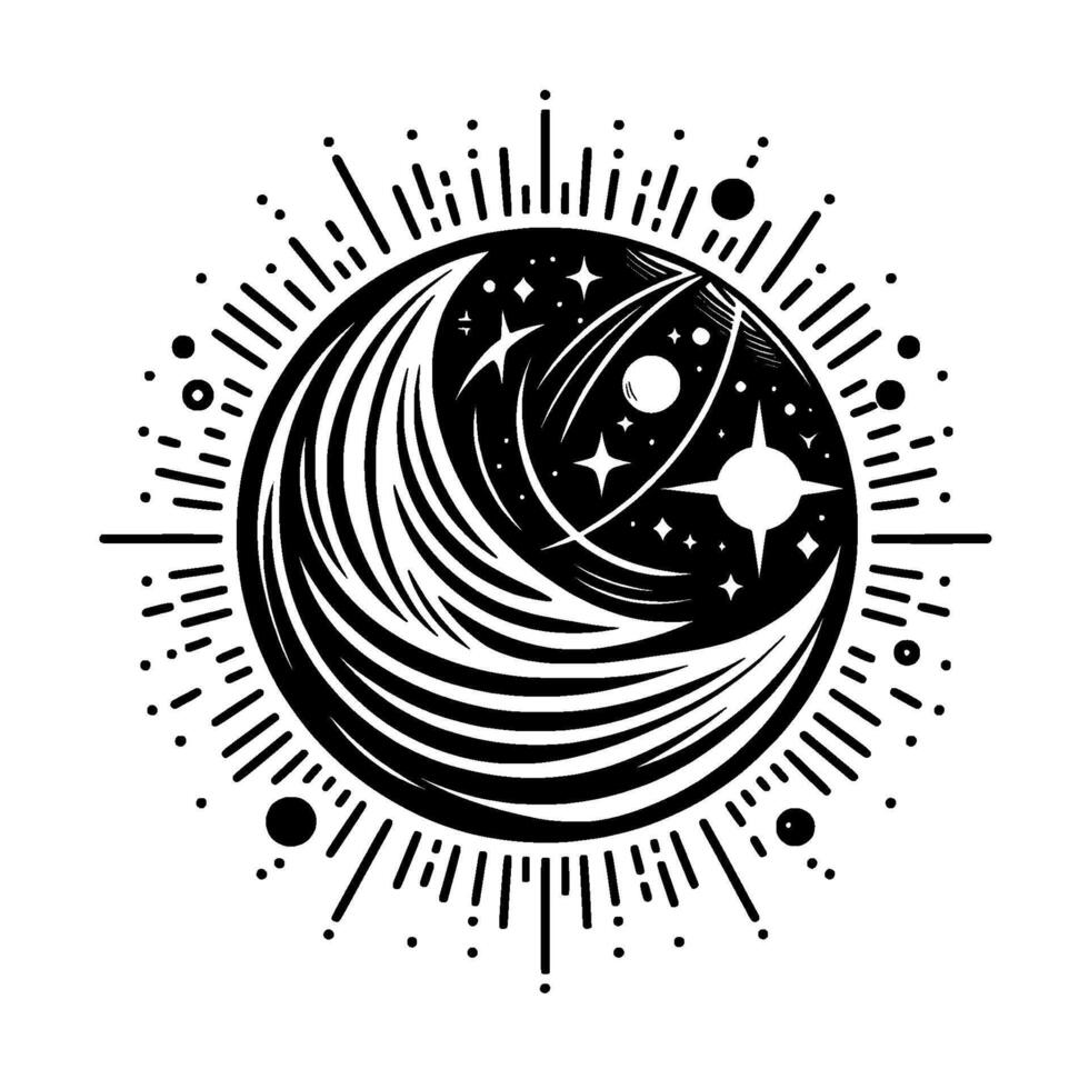 Celestial Monochromatic Illustration Crescent Moon, Stars, Planets, and Burstlike Energy Radiating Outwards from Universe. vector
