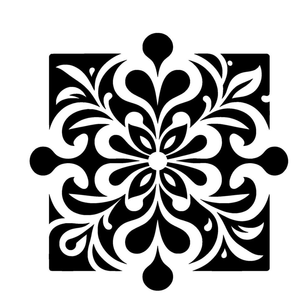 Ornate symmetrical black and white floral design, enclosed in a square frame, stylized, detailed patterns. vector
