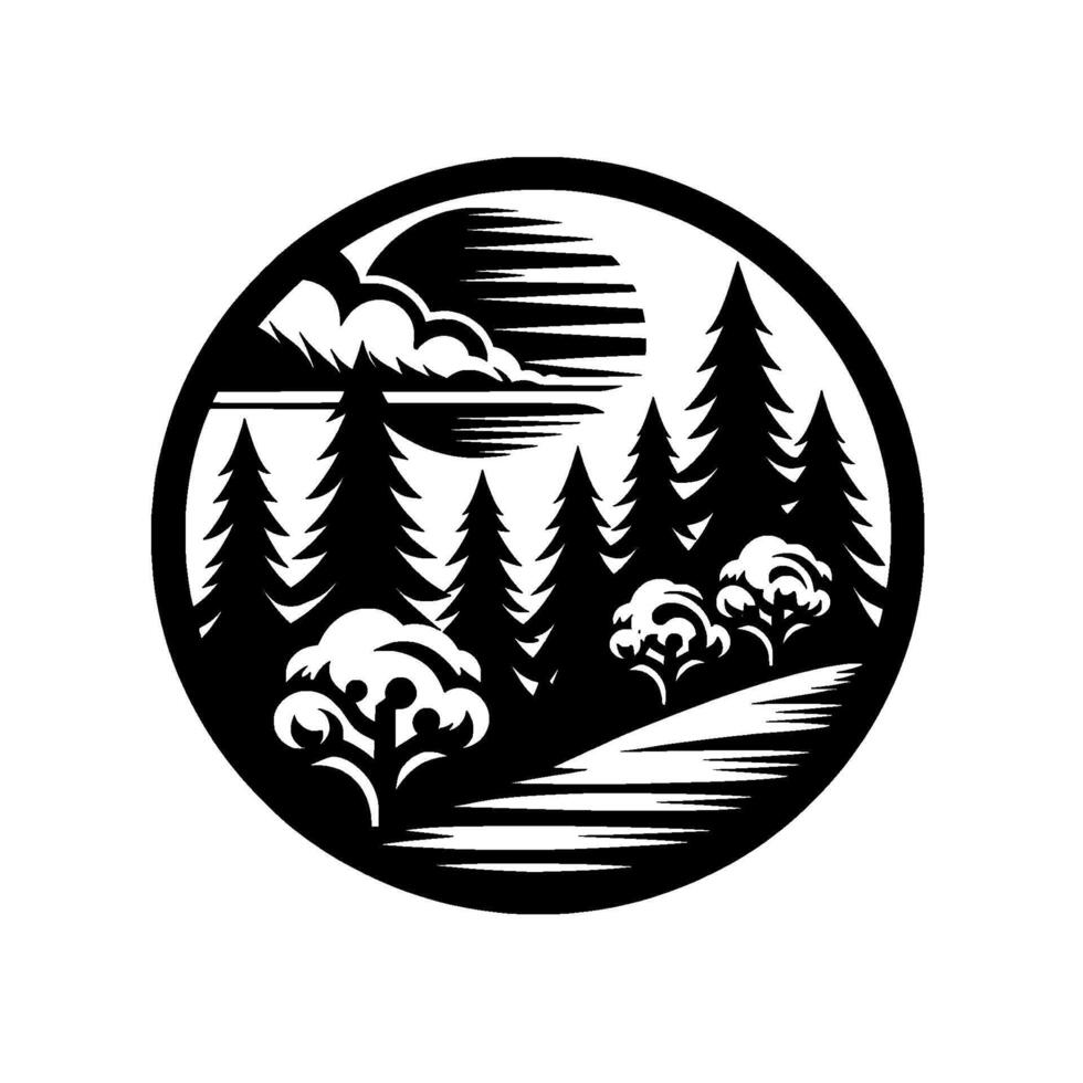 Black and White Circular Silhouette Forest Landscape with Pines, Rounded Trees, CloudShrouded Sun, and Terrain vector