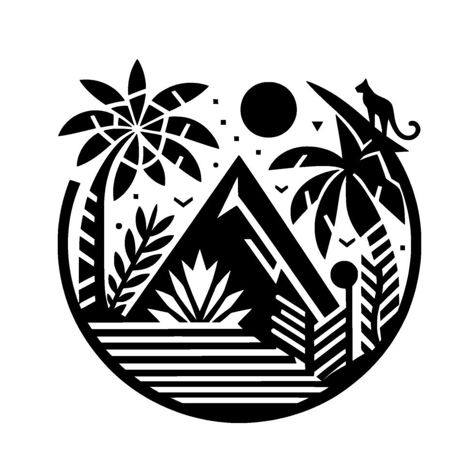 Abstract black and white tropical landscape in a circular frame, featuring palm trees, a mountain, a cat, the sun, and other plant details. vector