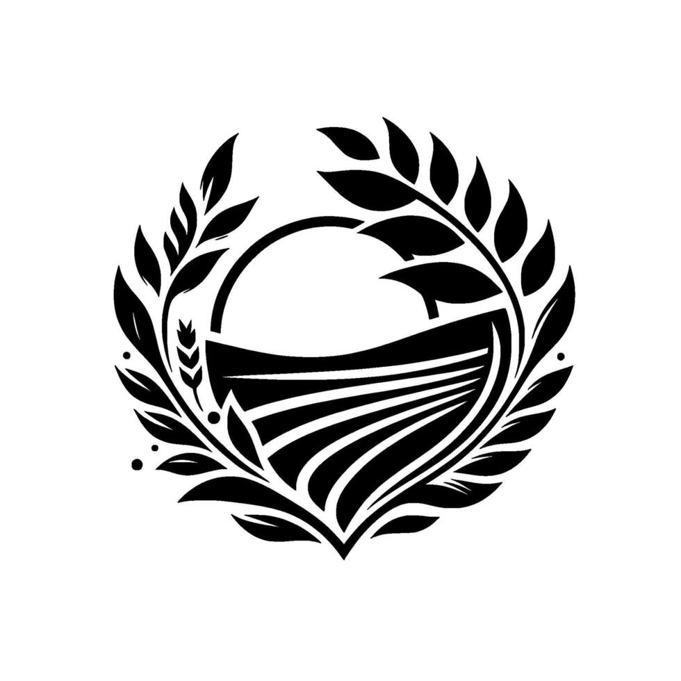 Stylized Black White Agricultural Crest Featuring a Wheat Field within a Leafy Laurel Wreath, Illustrating Rural Harvest and Bounty vector