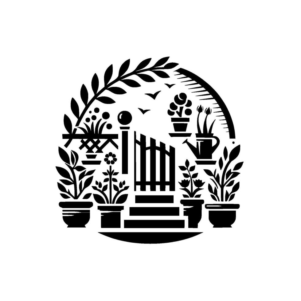 A stylized illustration of a garden scene within a circular frame, featuring a gate, steps, potted plants, and foliage elements, all rendered in a minimalist, black and white design, suggesting a tran vector