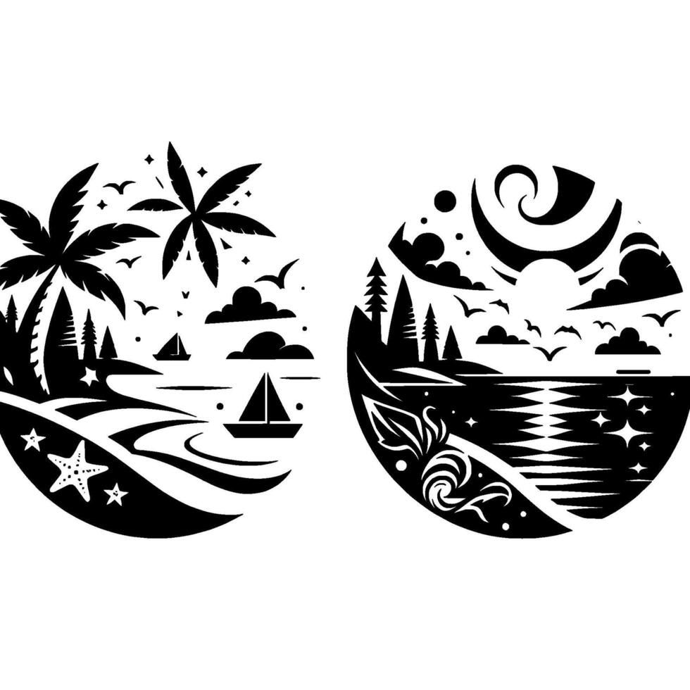 Two Circular Black and White Tropical Scenes Palm Trees, Boats, Ocean, Starfish, Birds, and Stylized Coastal Designs. vector