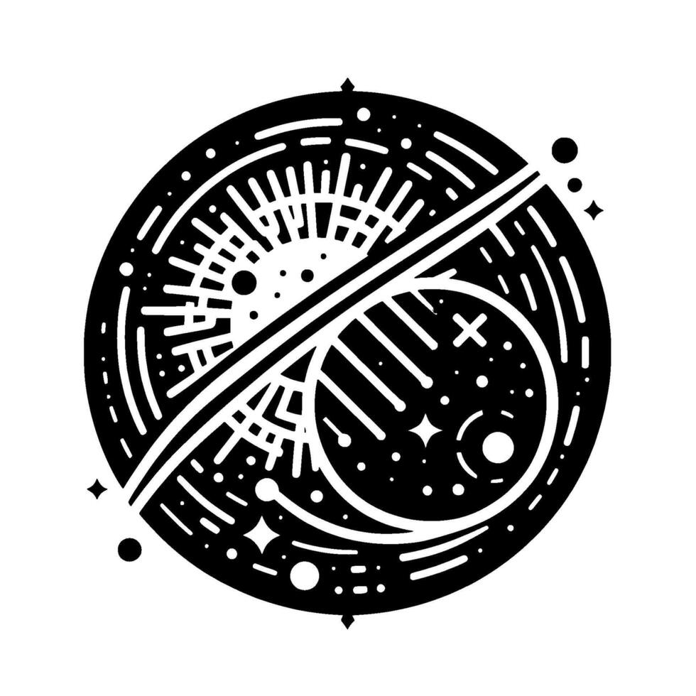 Intricate Black and White Celestial Mandala Sun, Stars, and Planets Intertwined within a Geometric, Cosmic Design. vector