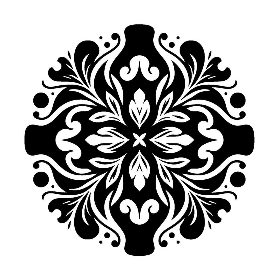 Symmetrical black and white floral mandala pattern with leaves, swirls, dots, and stylized shapes on a clean white background. vector