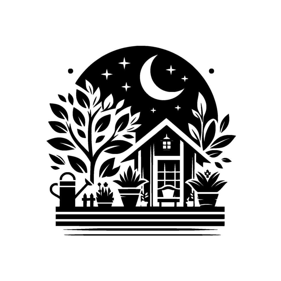 A serene black and white illustration showcasing a cozy garden shed under a night sky, surrounded by foliage, plants, and watering can. vector