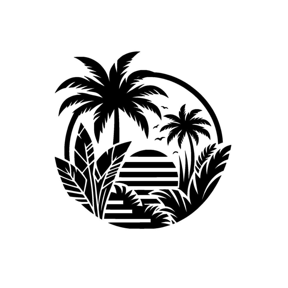 Black and white tropical scene within a circle featuring palm trees, sunset, and lush foliage, evoking a peaceful, minimalist aesthetic. vector