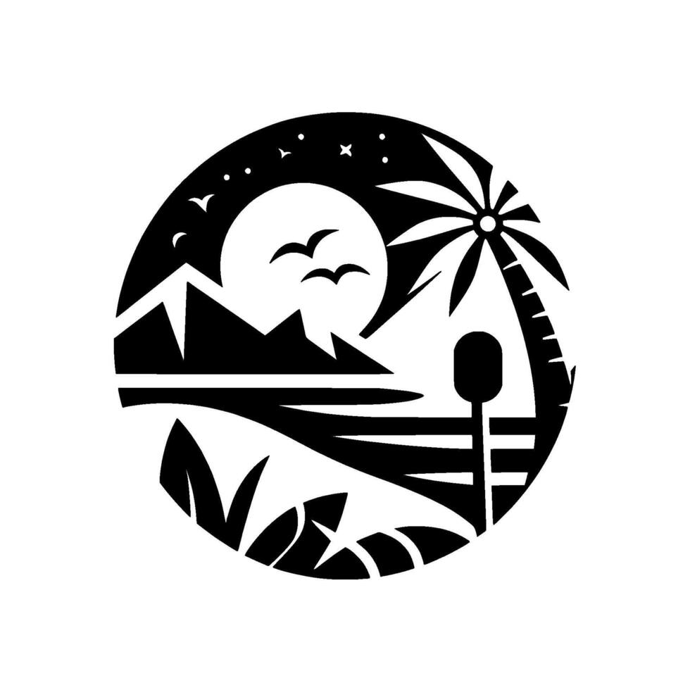 Silhouette of a Tropical Landscape Mountains, Beach, Palm Tree, Birds, SunMoon, Night Sky within a Circle vector