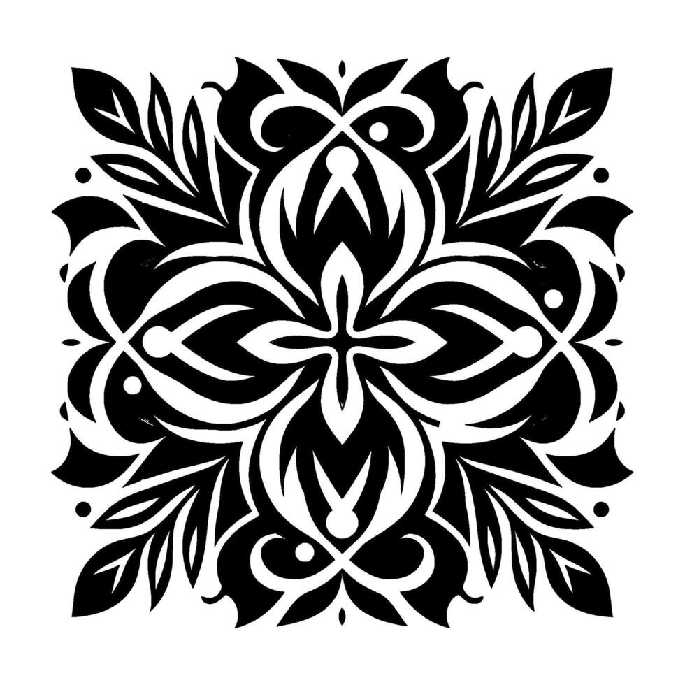 Intricate Black and White Floral Mandala Pattern with Leafy Flourishes and Symmetrical on White Background. vector