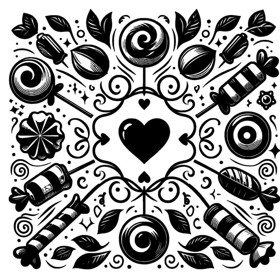 Intricate Black and White Candy Composition with Central Heart Motif and FloralSwirl Details. vector