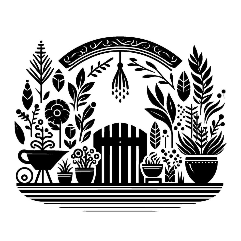 Serene black and white garden scene with a picket fence, plants, and flowers under an arched decorative frame. vector